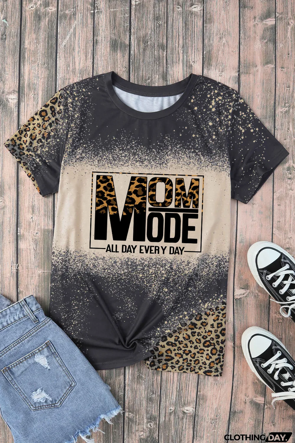 Gray MOM MODE Leopard Bleach Print Vintage Graphic Tee