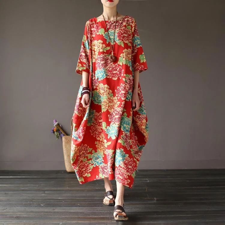 Loose o neck cotton half sleeve clothes Photography red summer long Dress