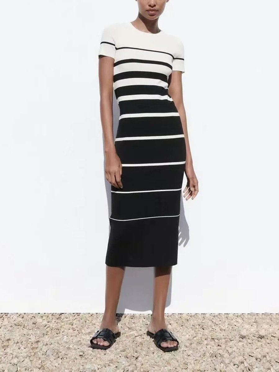 Round Neck Striped Short Sleeve  Midi Dress