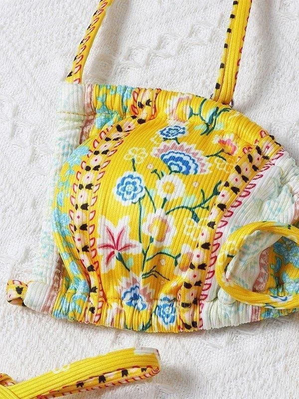 Brownm Ethnic Floral Lace Up Bikini Set