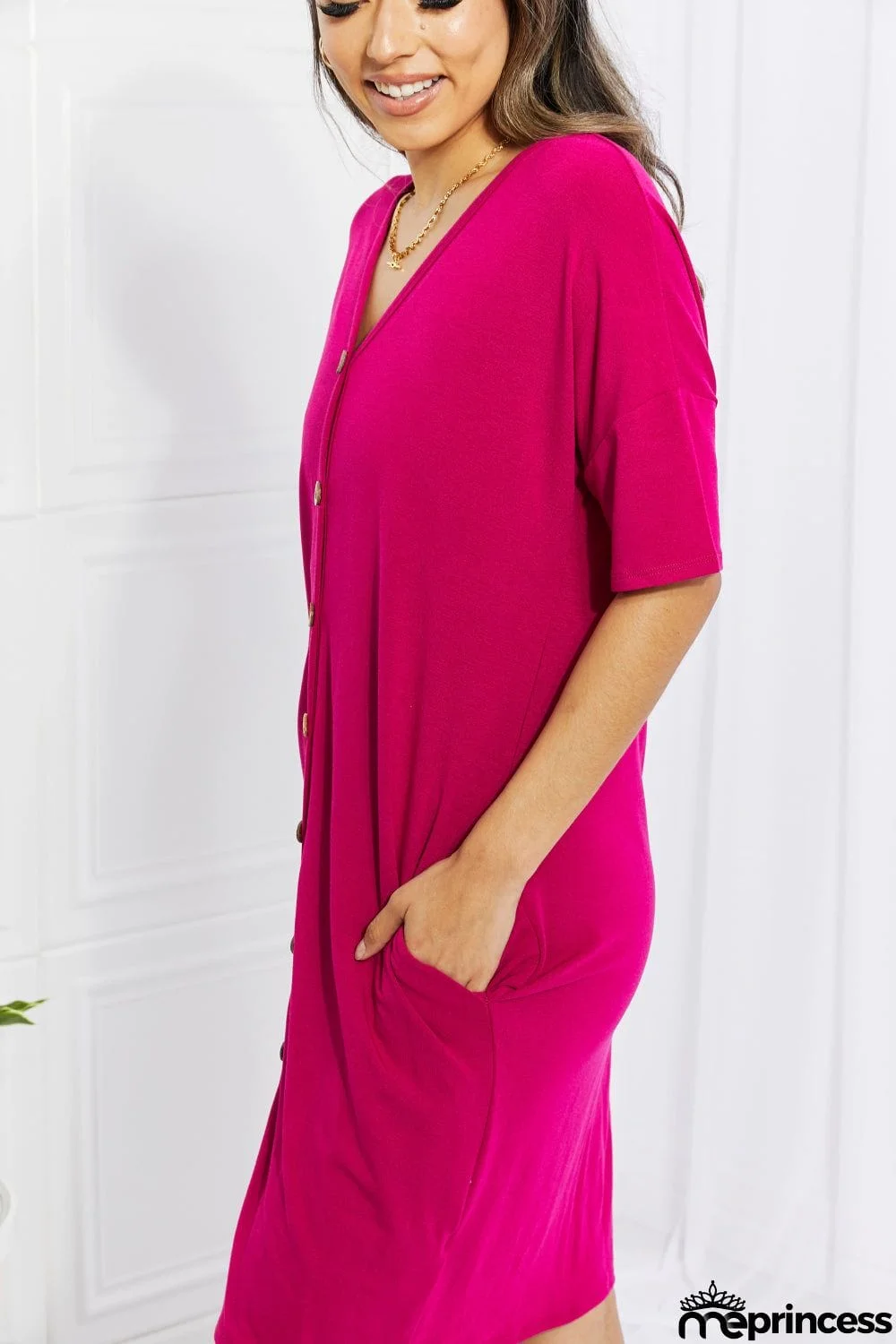 BOMBOM Sunday Brunch Button Down Midi Dress in Magenta