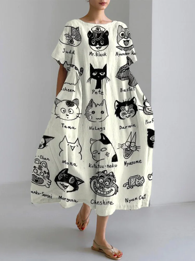 Cute Black Cat Print  Linen Blend Maxi Dress