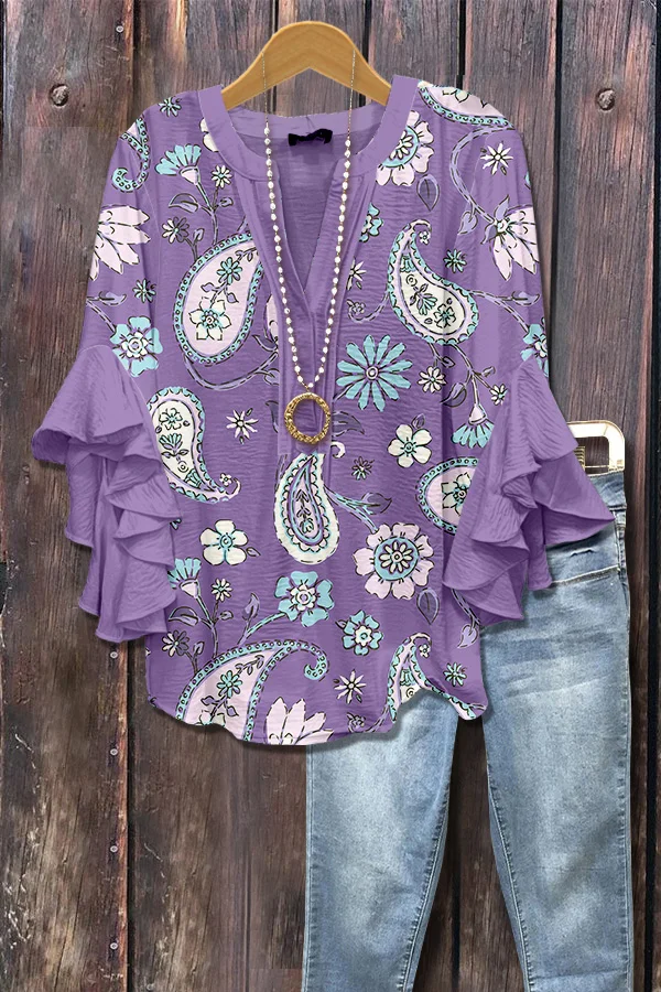 Vintage Paisley Print Ruffle Bell Sleeve Top