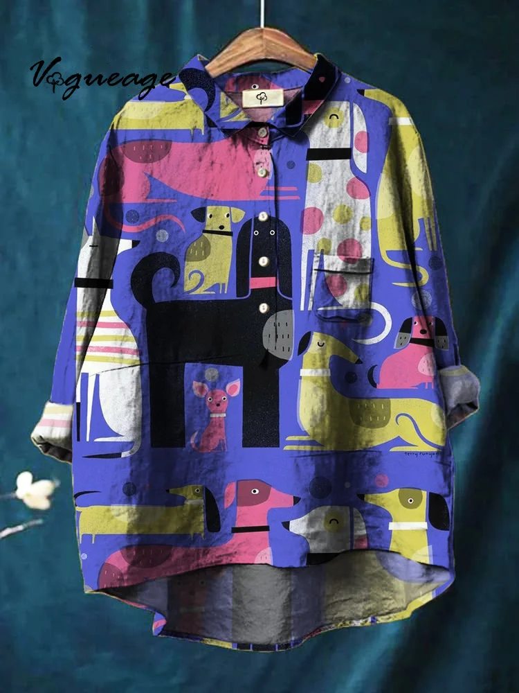 Cartoon Hand Drawn Sausage Dog Printed Cotton And Linen Shirt