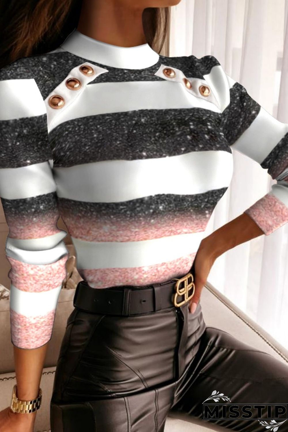 Colour Casual Striped Print Patchwork O Neck Tops