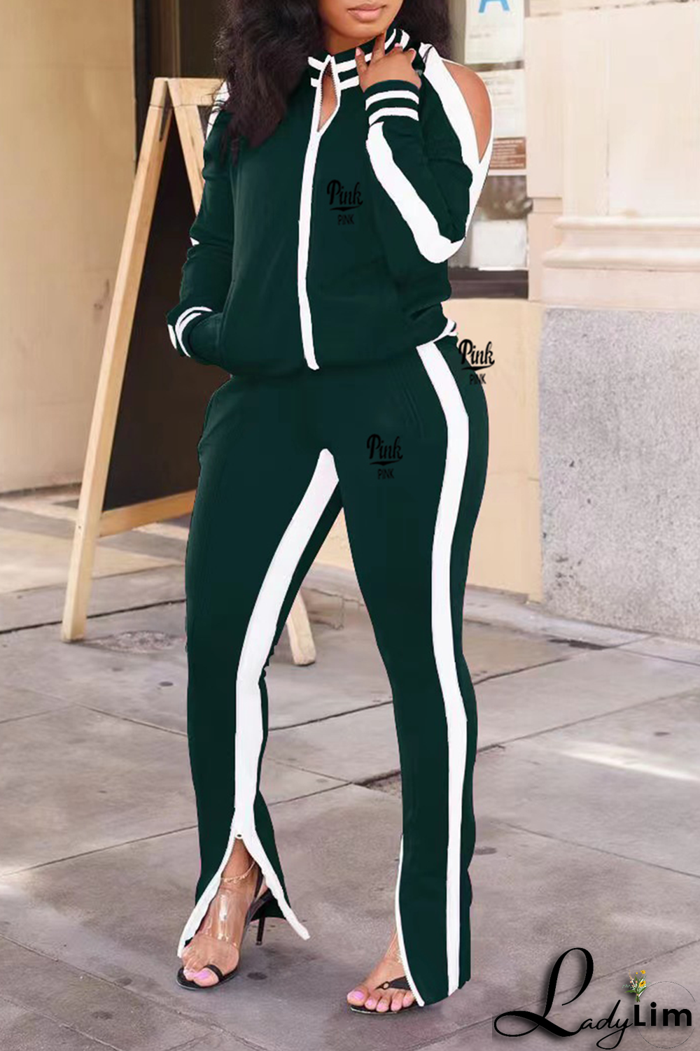 Black Yellow Casual Print Slit Zipper Collar Long Sleeve Two Pieces