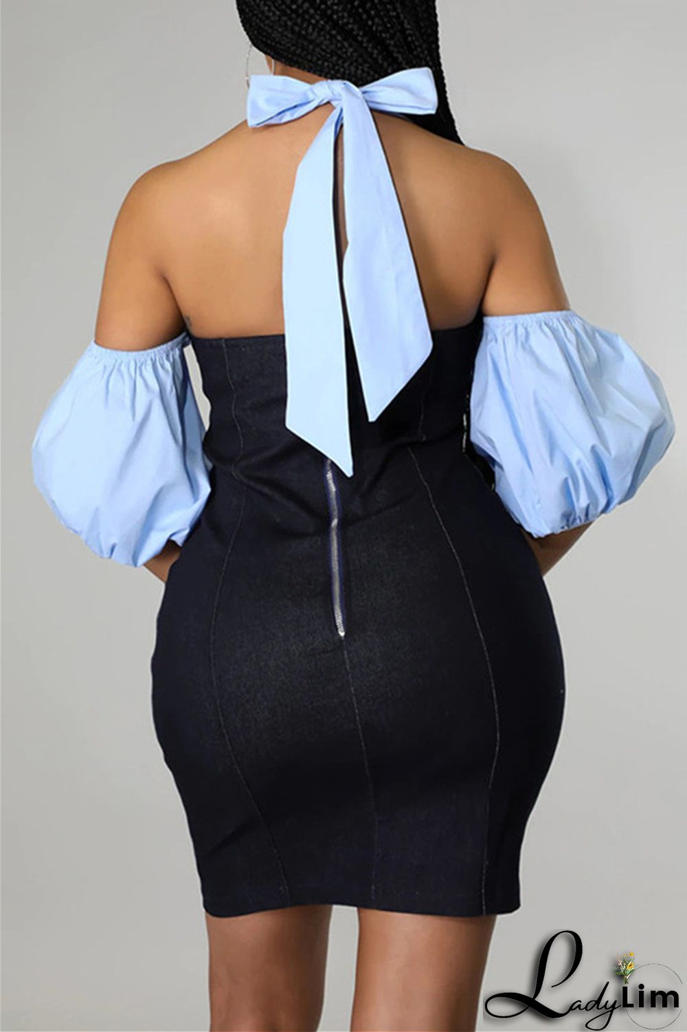 Blue Fashion Sexy Casual Solid Bandage Split Joint Backless Short Sleeve Dress