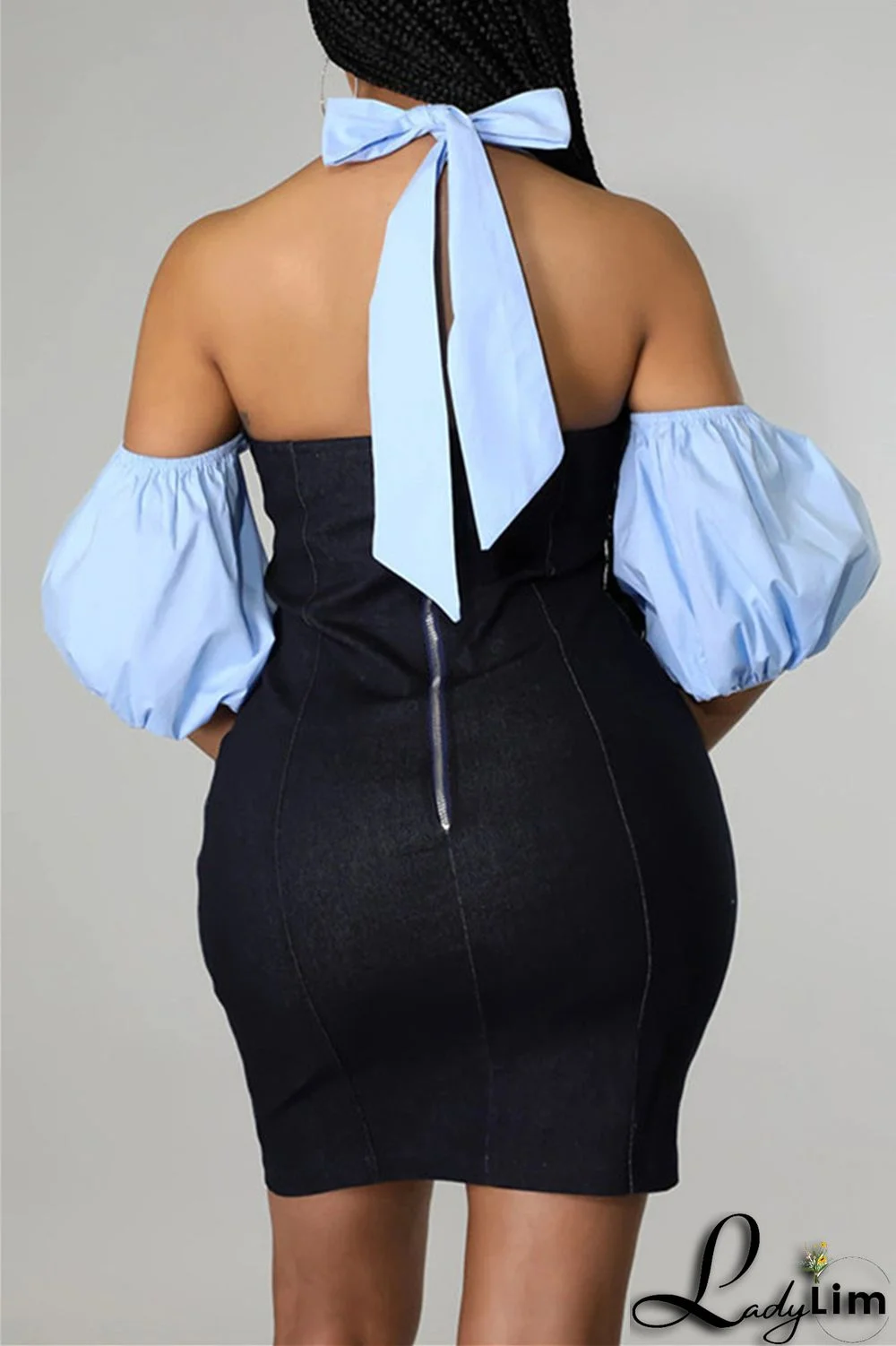 Blue Fashion Sexy Casual Solid Bandage Split Joint Backless Short Sleeve Dress