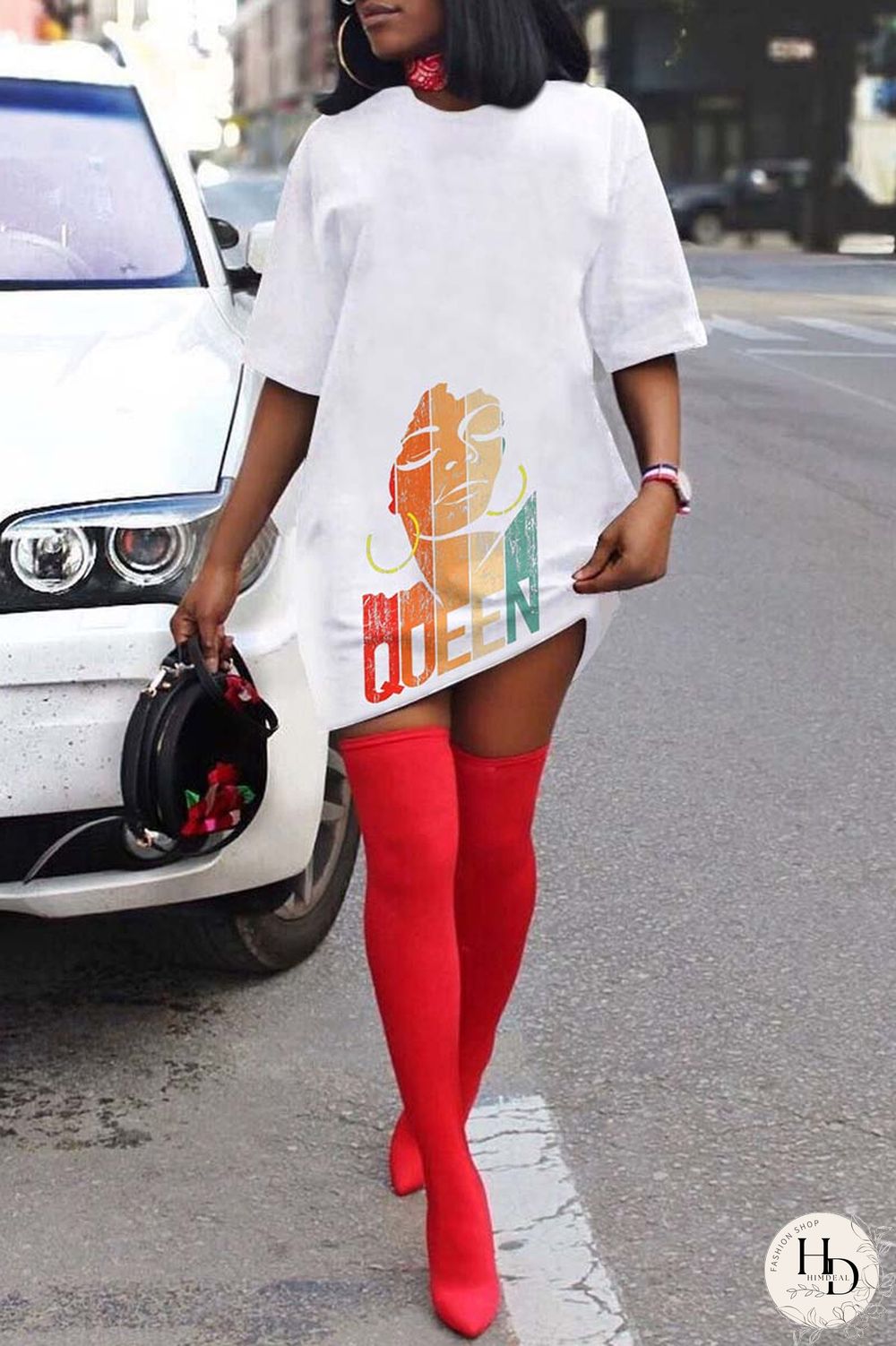 White Casual Print Basic O Neck T-shirt Dress Dresses