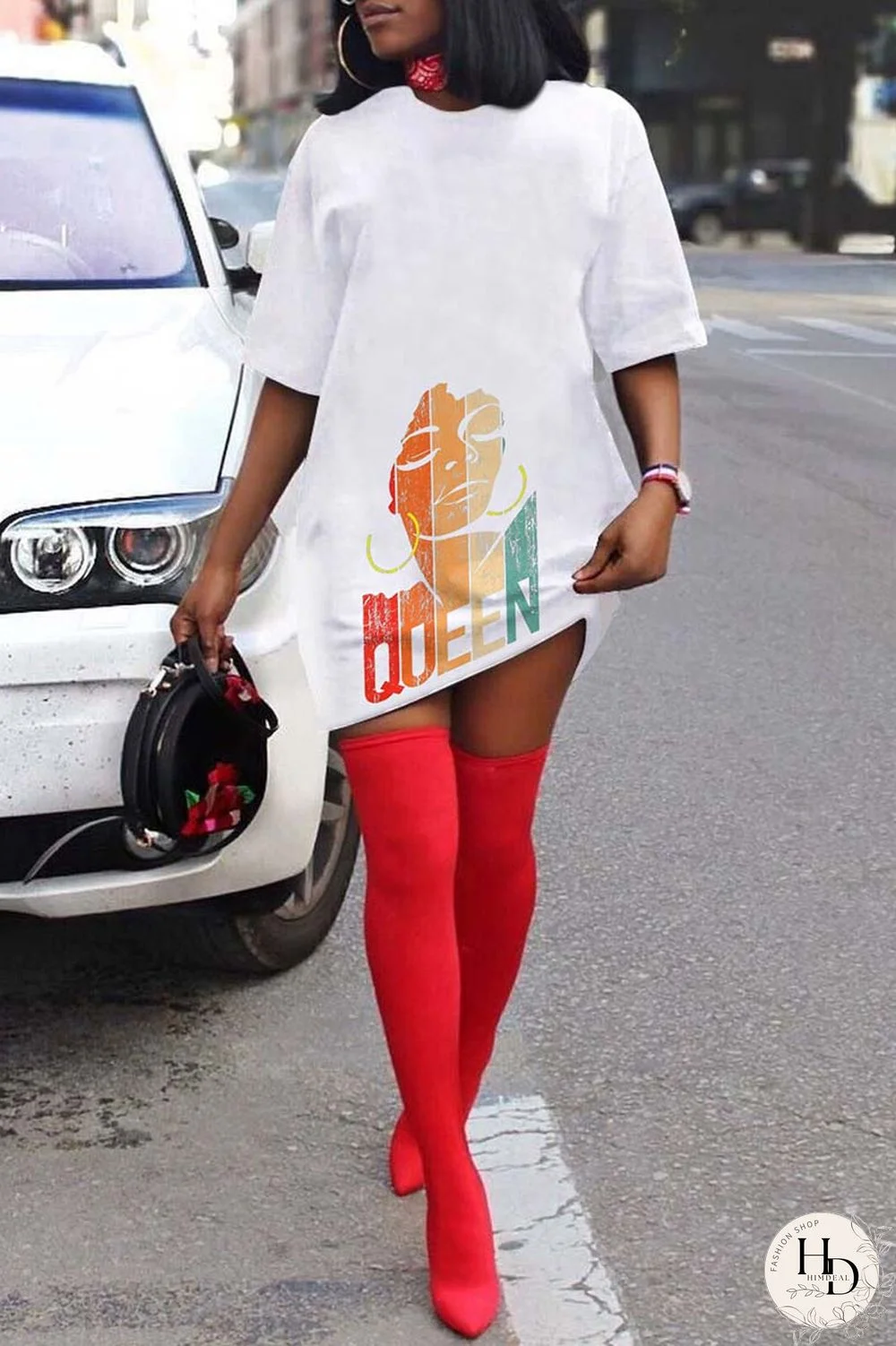 White Casual Print Basic O Neck T-shirt Dress Dresses