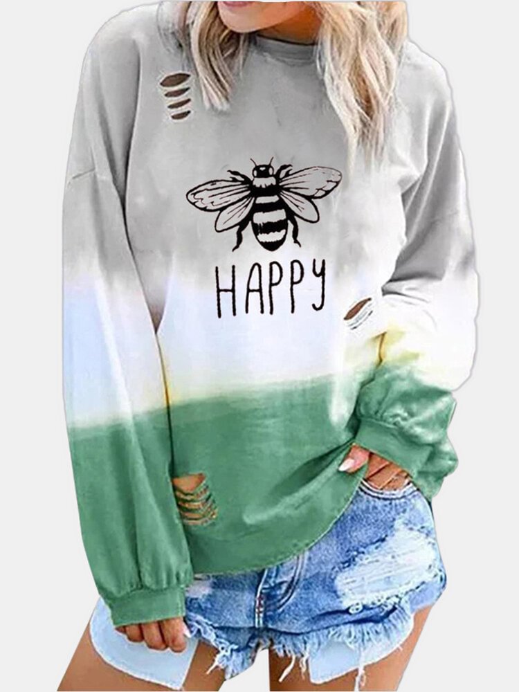 Bee Printed Burnt Flower Hole Gradient Casual Long Sleeve Shirt P1564538