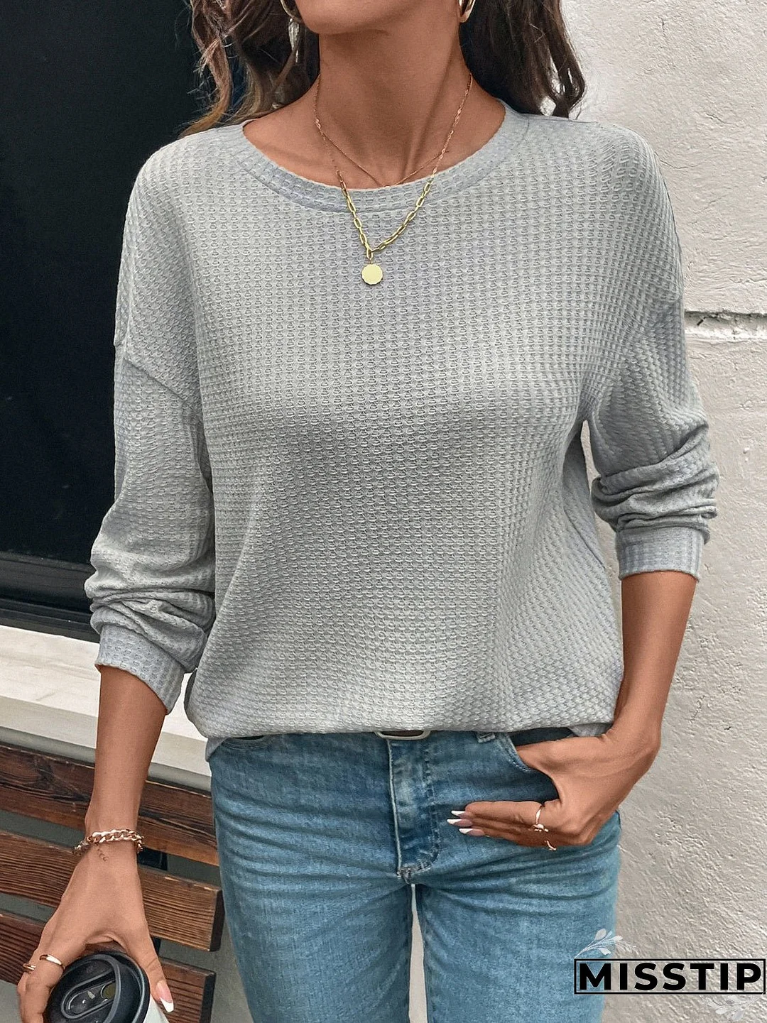 Round Neck Dropped Shoulder Long Sleeve T-Shirt