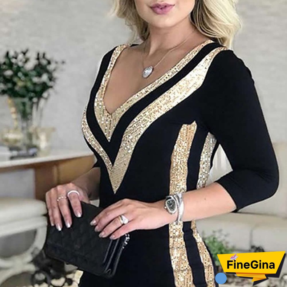 New Women Fashion Deep V-Neck Sequins Colorblock Long Sleeve Bodycon Dresses Package Hip Robe Cocktail Vestidos Party Dress Plus Size