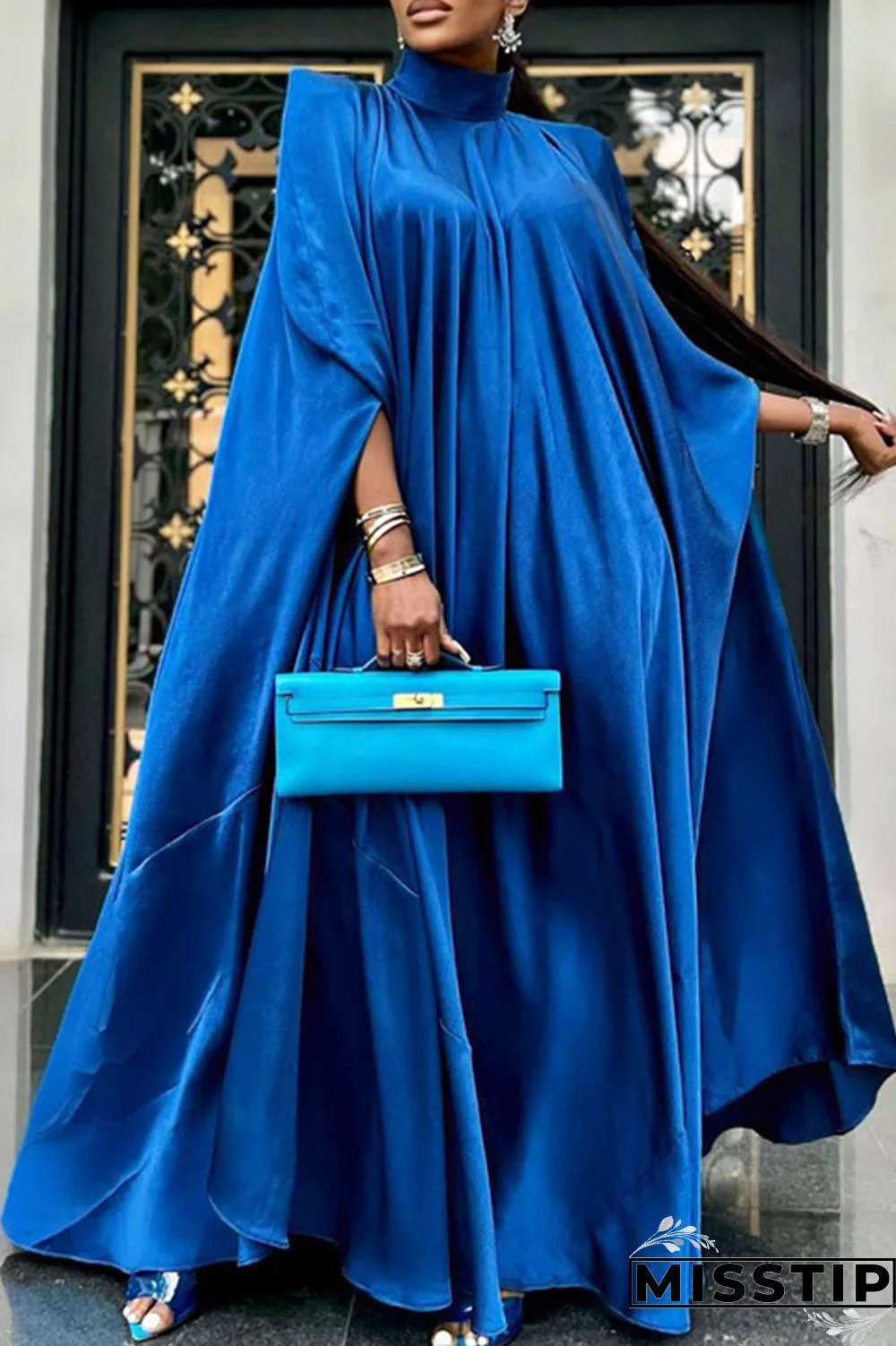 Blue Casual Solid Patchwork Turtleneck Straight Dresses