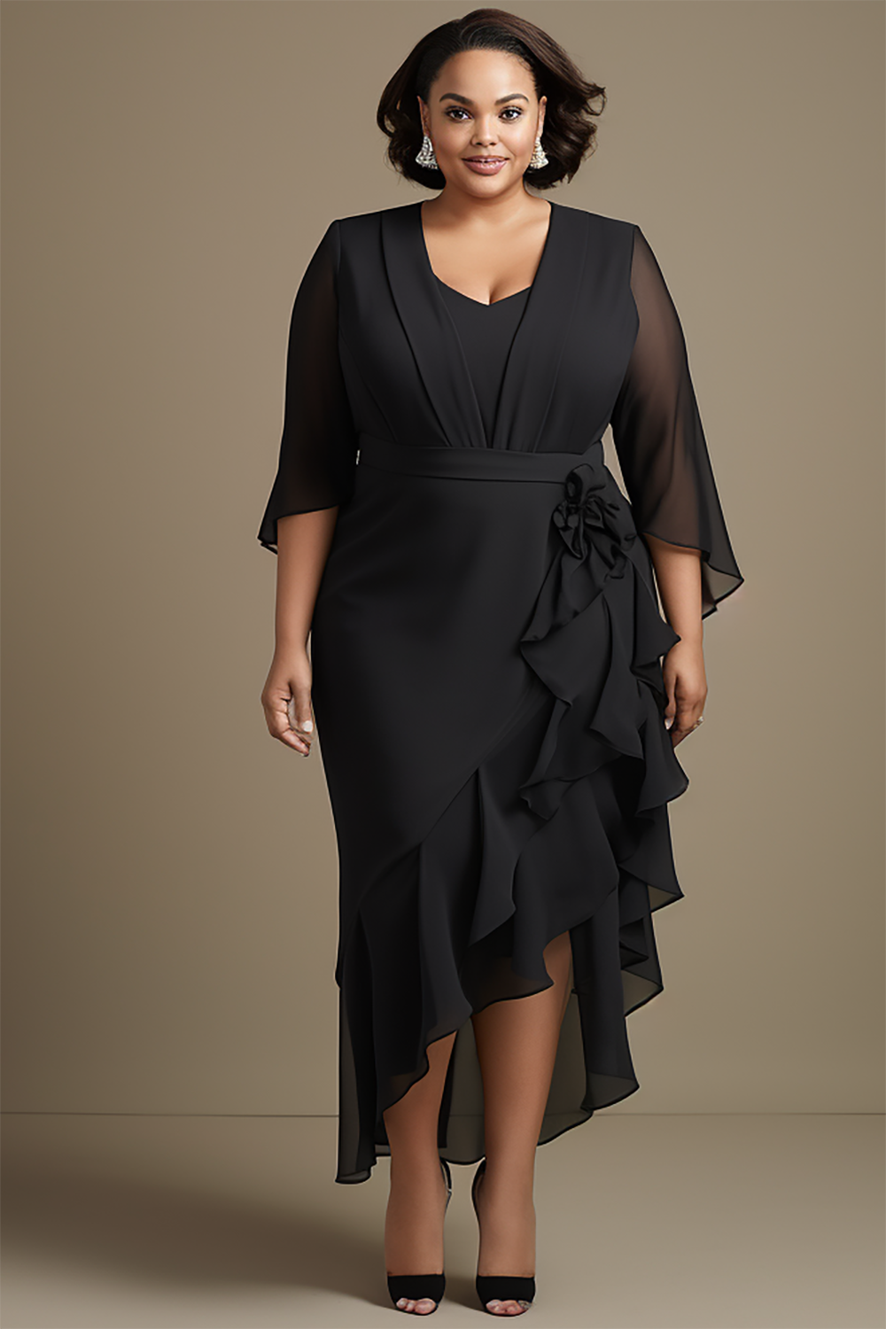 Design Plus Size Mother Of The Bride Elegant Black V Neck 3/4 Sleeve Flounce Midi Dresses [Pre-Order]