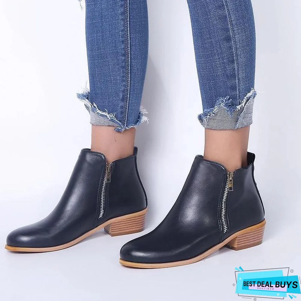 Women Side Zipper Round Toe Ankle Boots