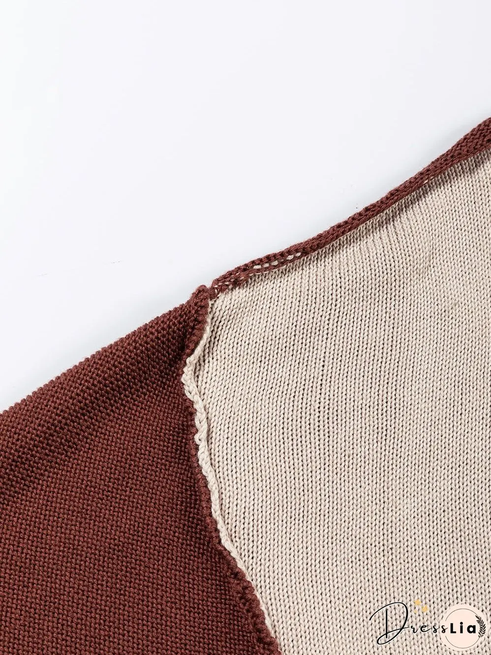 Brown Colorblock Bishop Sleeve Patchwork Rib Knit Sweater