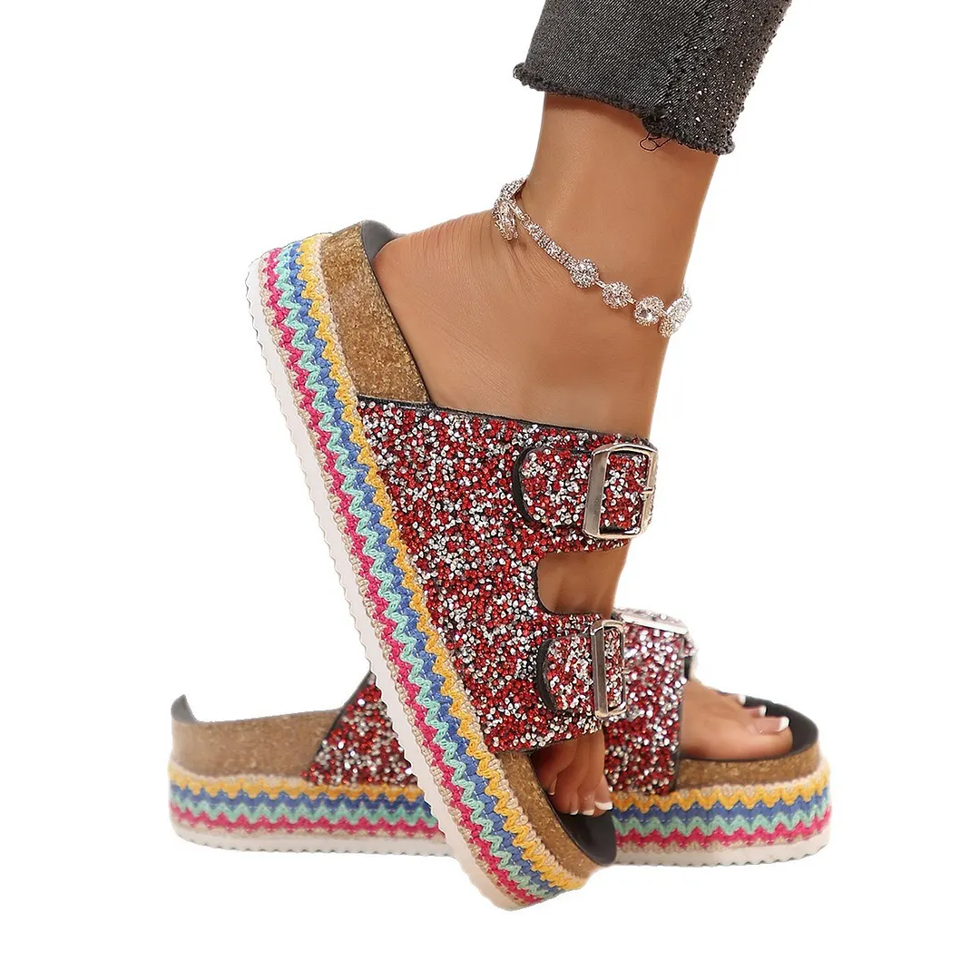 Breakj Breakj Fashion Thick-Bottomed Slippers Double Buckle Wearing Beach Corks Duke Bin Buckle Cold Slippers