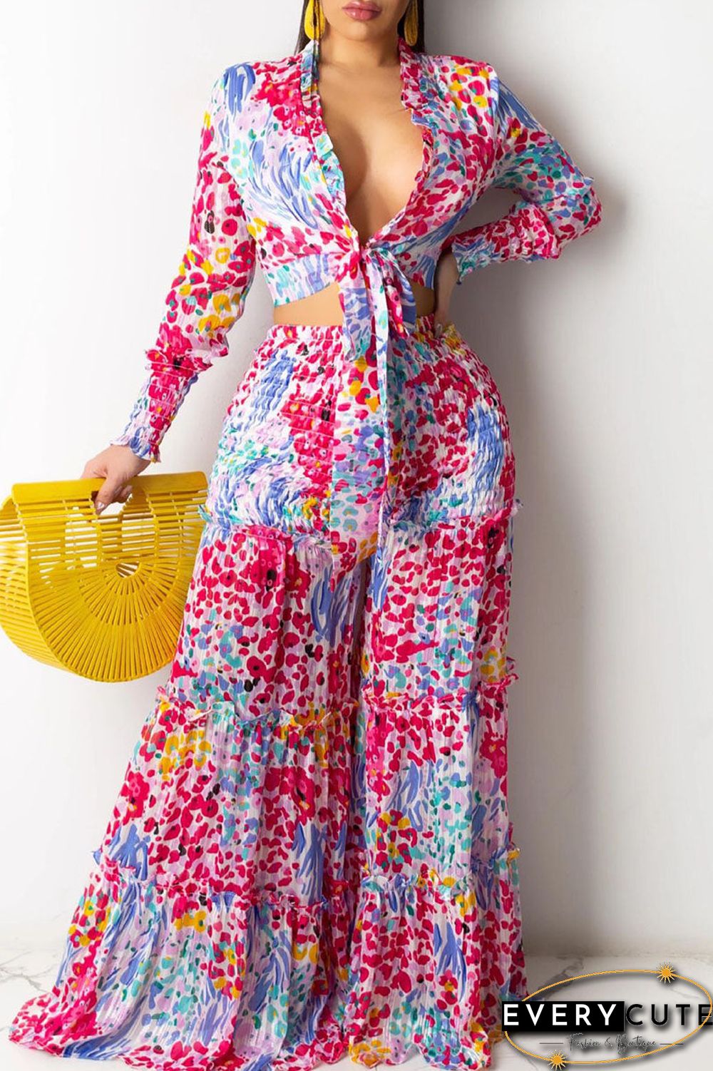 British Style Print Bandage Split Joint V Neck Long Sleeve Two Pieces