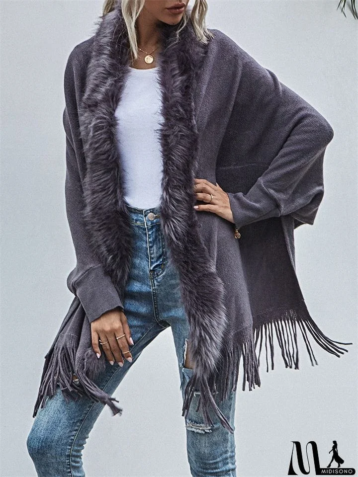 MidiSono - Elegant Lady Fur Collar Tassel Design Batwing Sleeve Cardigan Shawl Sweaters