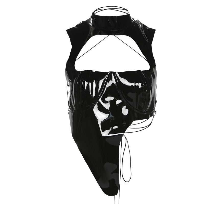 Weird Puss Y2K Sexy Leather Women Tank Top Hollow Sleeveless Backless Bandage Skinny Irregular Summer Trend Streetwear Slim Vest