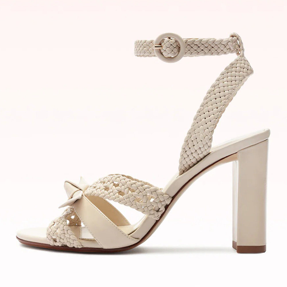 Beige Open Toe Woven Ankle Strap Cut Out Block Heel Sandals with Bow Nicepairs
