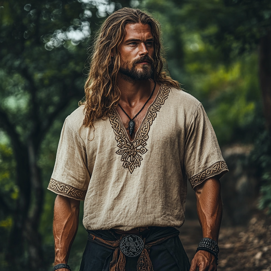 Men's Vintage Viking Celtic Knot Embroidered Linen T-shirt