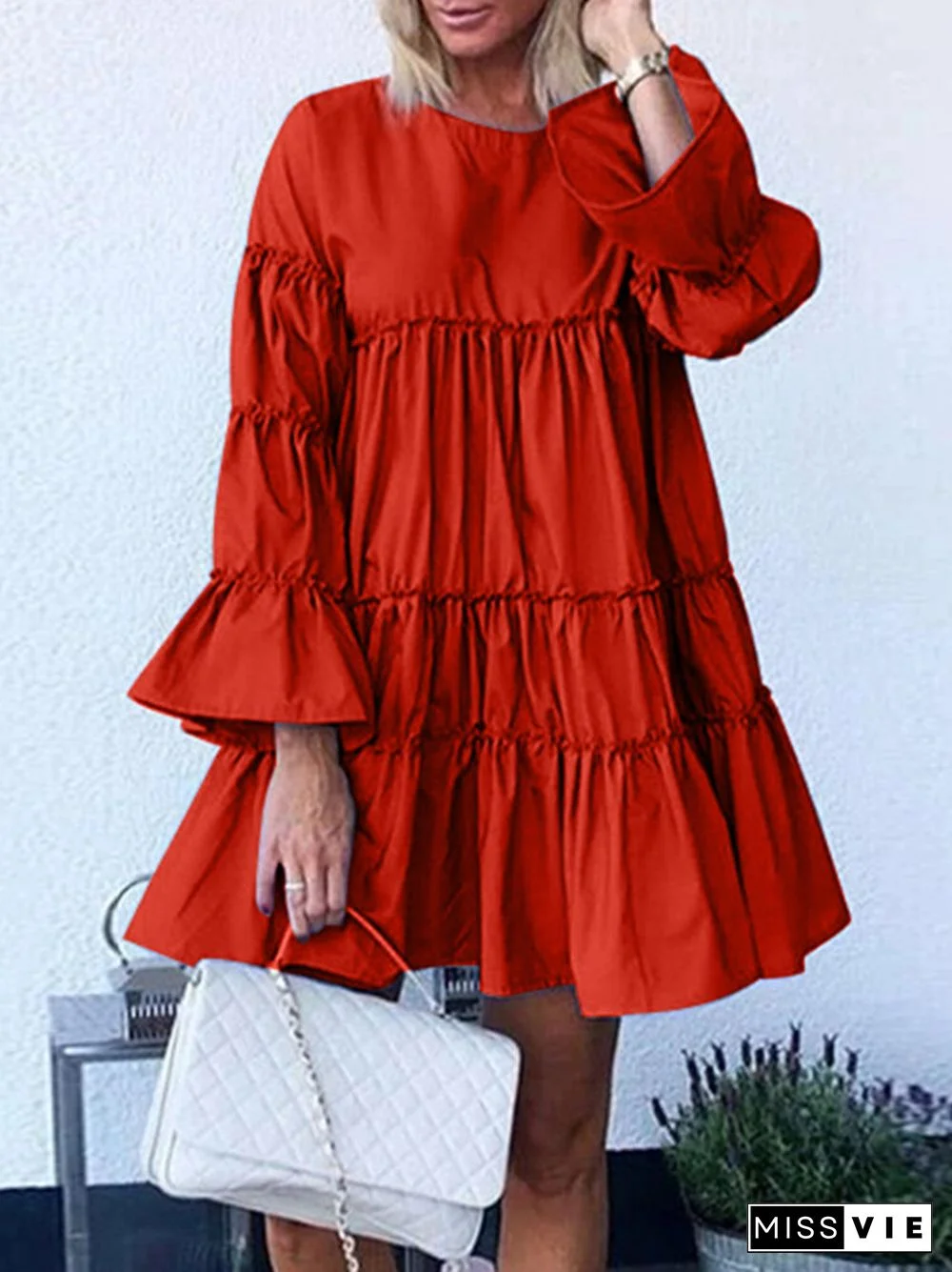 Solid Color O-neck Long Bell Sleeve Casual Layered Dress
