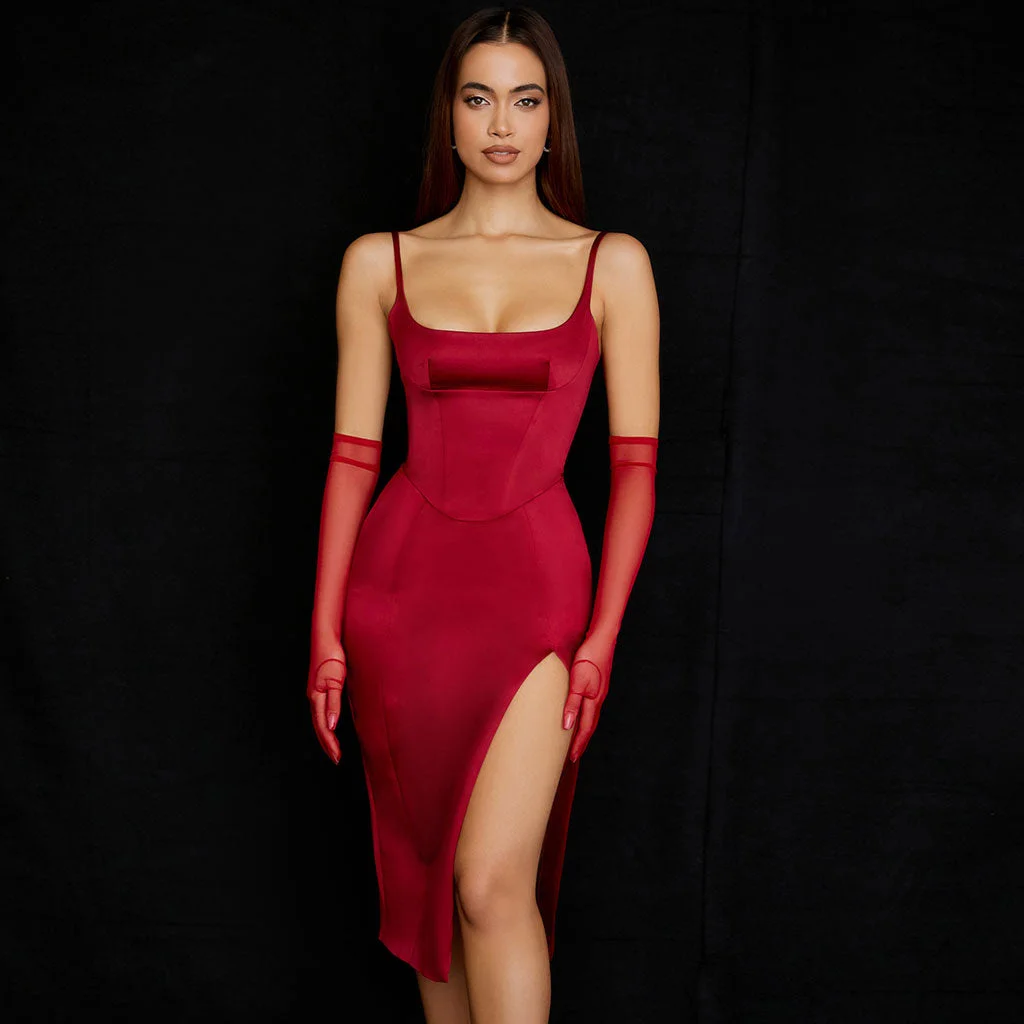 Glossy Satin Scoop Neck High Slit Slip Cocktail Midi Dress - Red