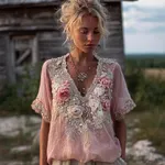 Vintage Boho Pink Roses Embroidered Cozy Linen Tunic - Image 2