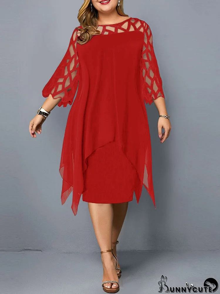 Women's Lace Stitching Hollow 3/4 Sleeve Irregular Hem Chiffon Dress Formal Dress