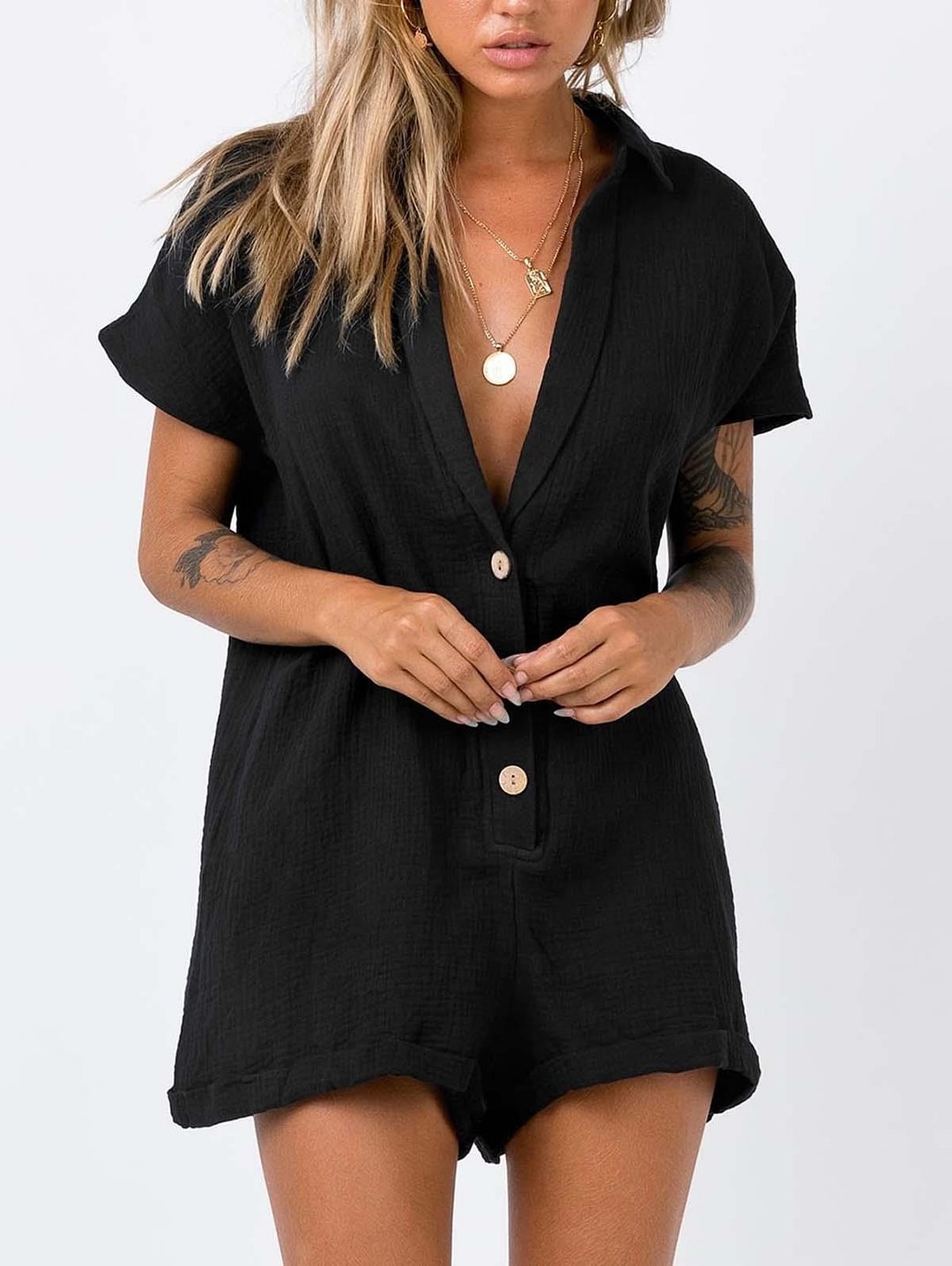 Plain Button Decor V Neck Romper