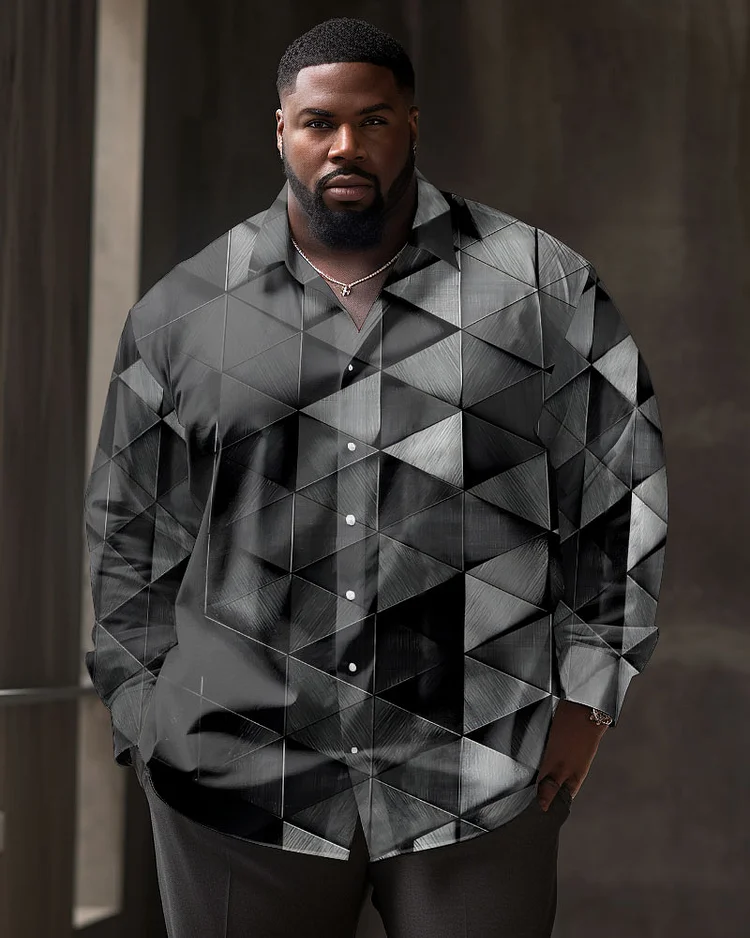 Men's Large Size Casual Geometric Rhombus Patterns Lapel Long Sleeve Shirt