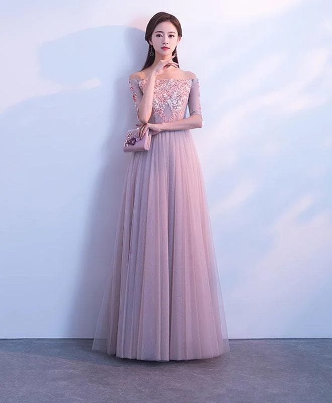 Pink Tulle Lace Long Prom Dress, Pink Evening Dress
