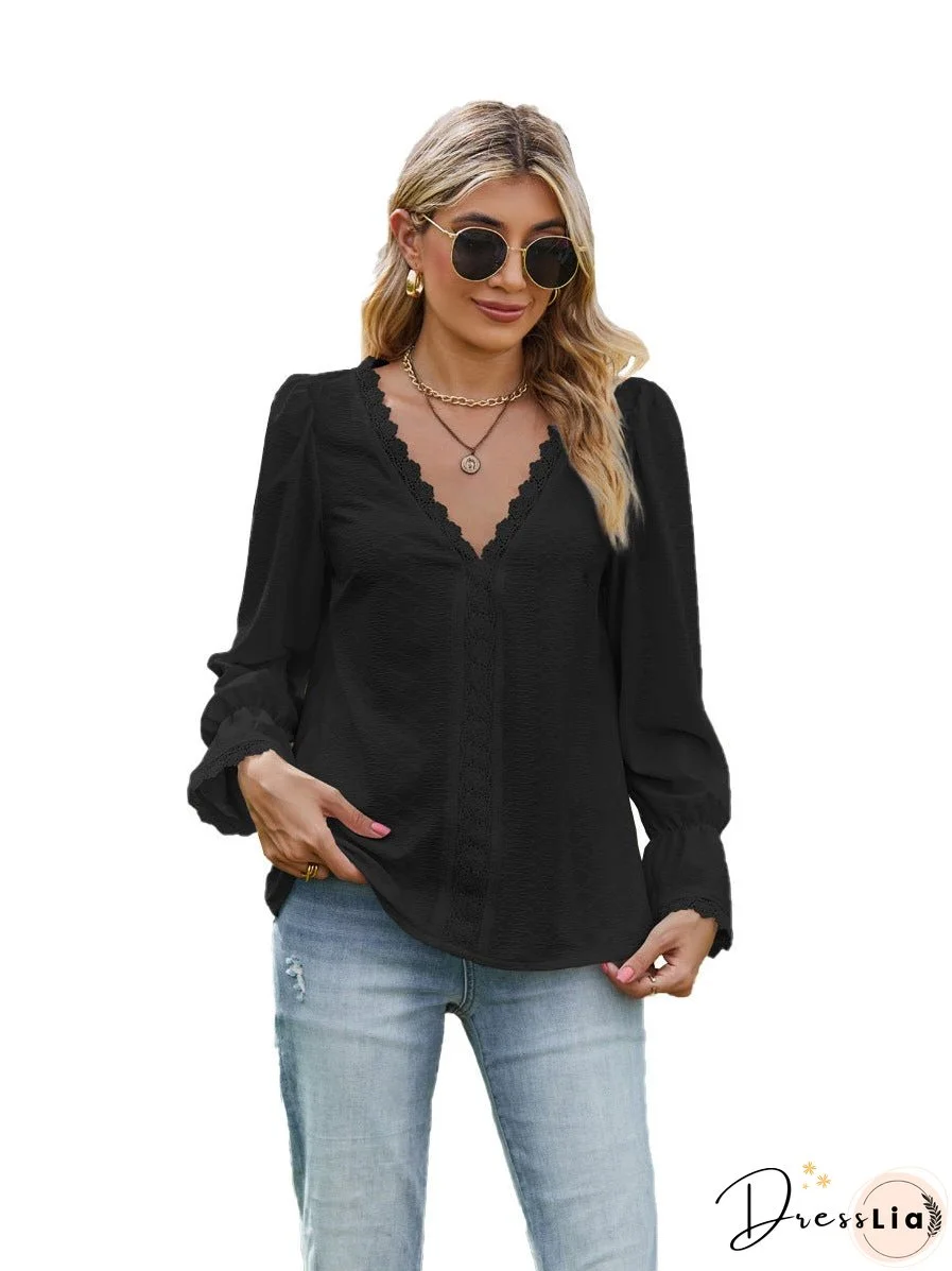 Women's Solid Color Pullover Stitching Lace Long-sleeved Blouses