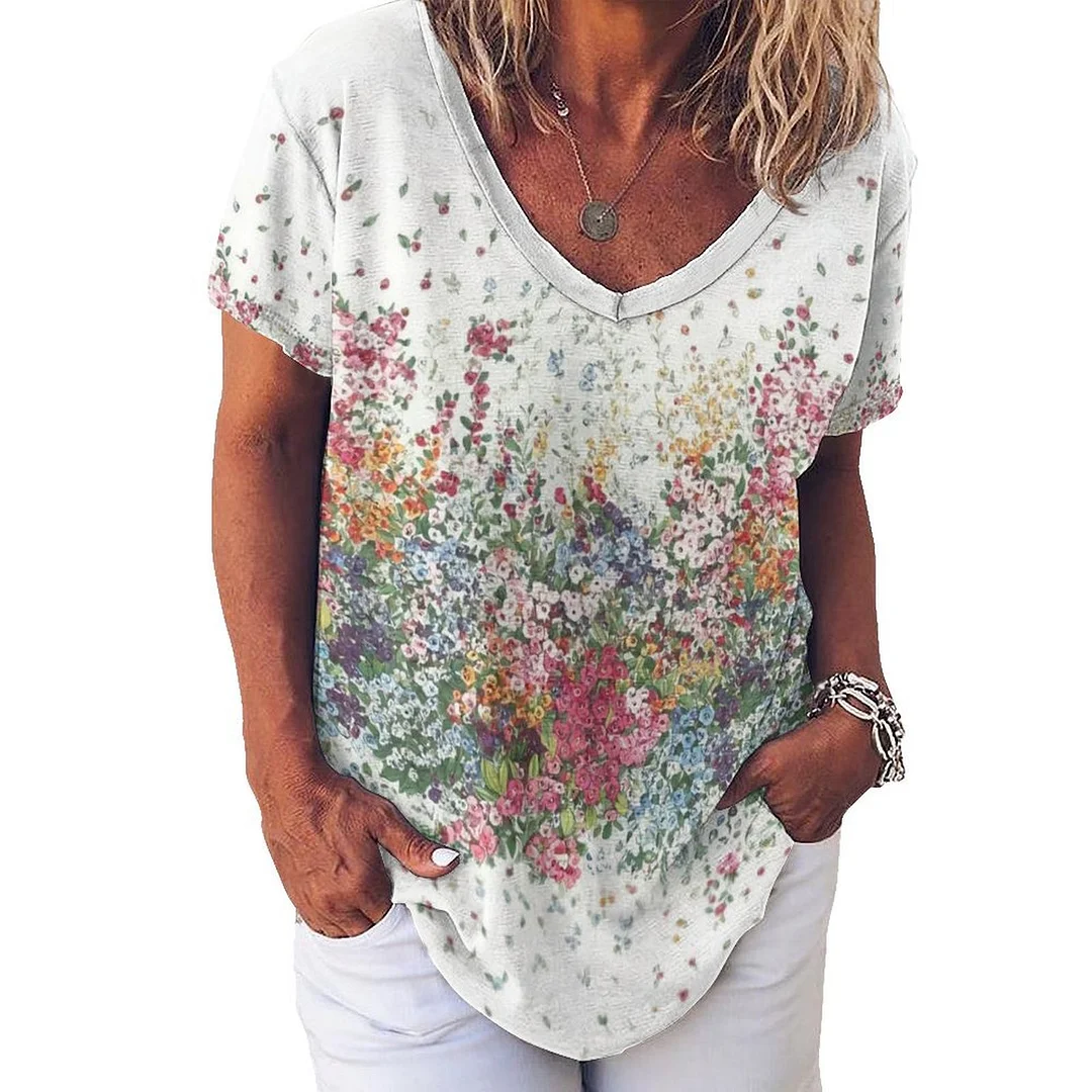 V-neck Short Sleeve Casual T-shirt for  Women Printed with Pattern Floral, Green, Red