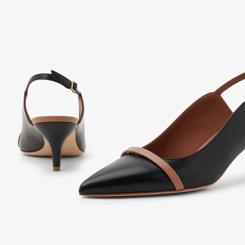 Black Vegan Leather Kitten Heel Slingback Pumps with Pointed Toe