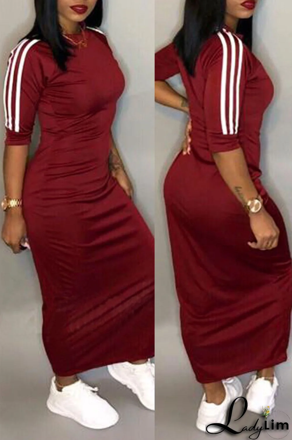 Deep Blue Casual Solid Patchwork O Neck Straight Dresses