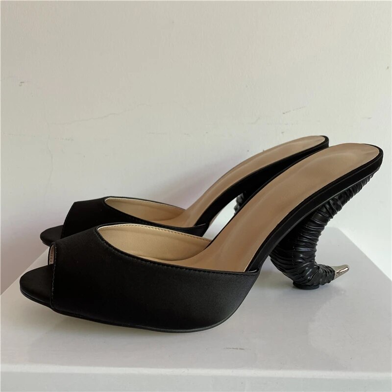 VCSHOES Beaded Crystal Flower Sandals Women Satin Slingbacks Horn-Shaped Strange Heel Mules For Girls