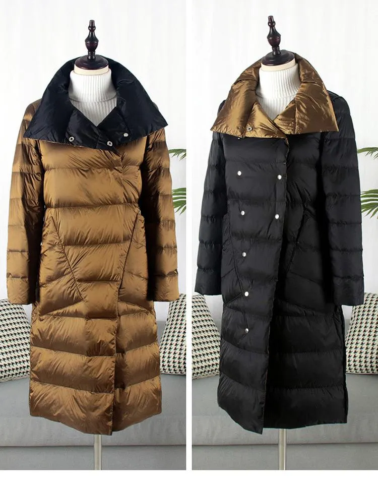 FTLZZ Duck Down Jacket Women Winter Long Double Sided Plaid Coat Female Plus Size Warm Down Parka Slim Outwear