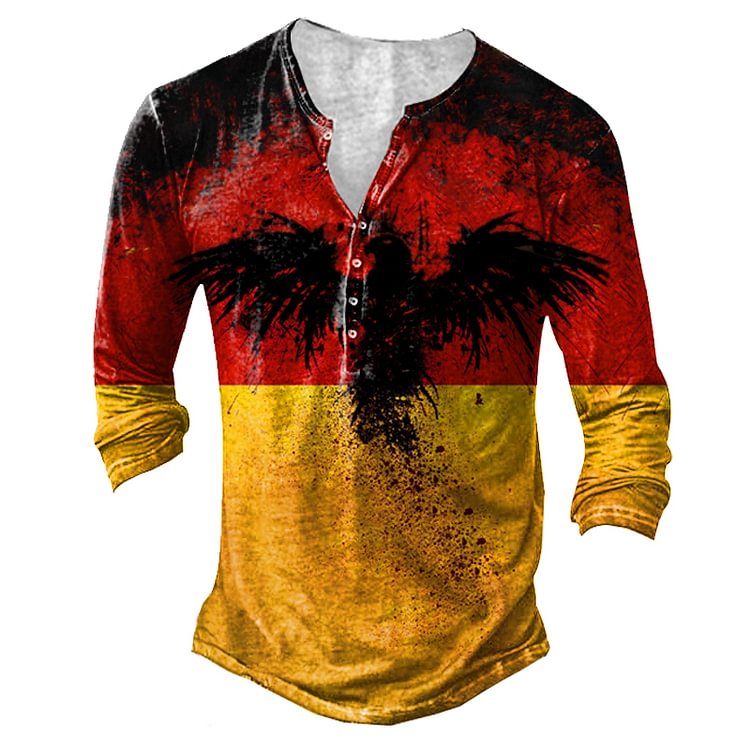 German Flag Liberty Eagle Men's Vintage Henley Button Long Sleeve Shirt