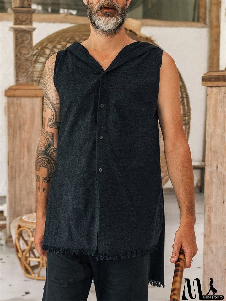 MidiSono - Relaxed Raw Edge Side Slit Linen Cotton Hoodie Mens