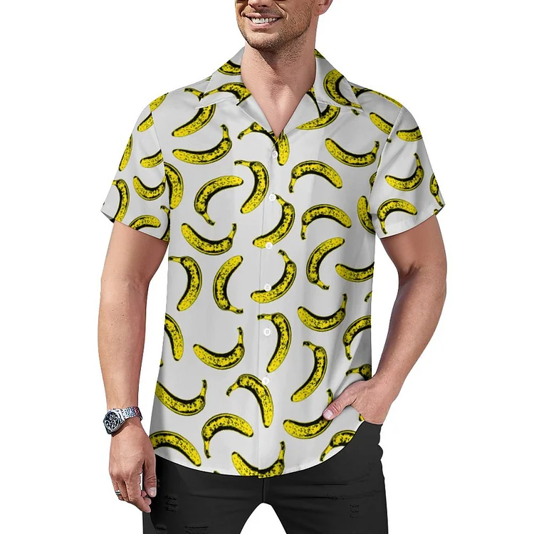 Yellow White Modern Bananas Fruit Illustration Thr Men's Retro Bowling Shirts Rockabilly Style Button Down Cuban Camp Shirt - Heather Prints Shirts