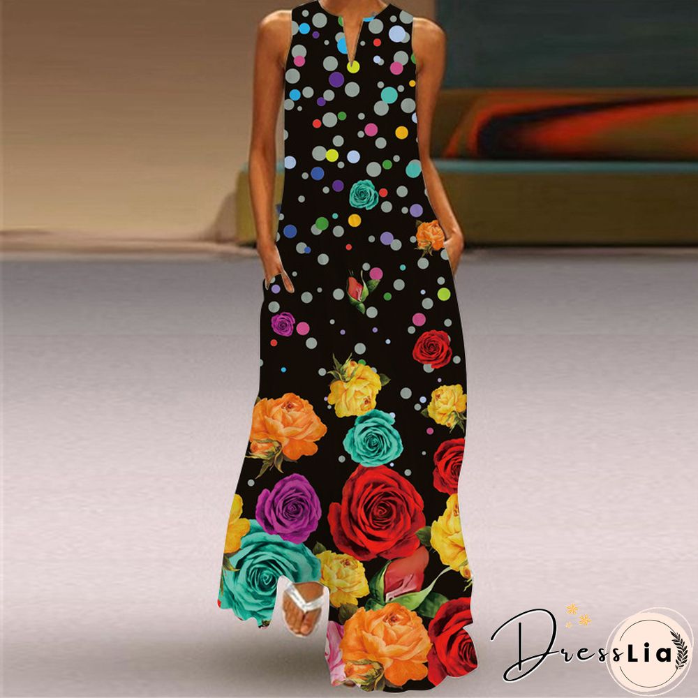New Fashion Print Summer Dress Casual Sexy Boho Beach Women Party V-neck Sleeveless Pocket