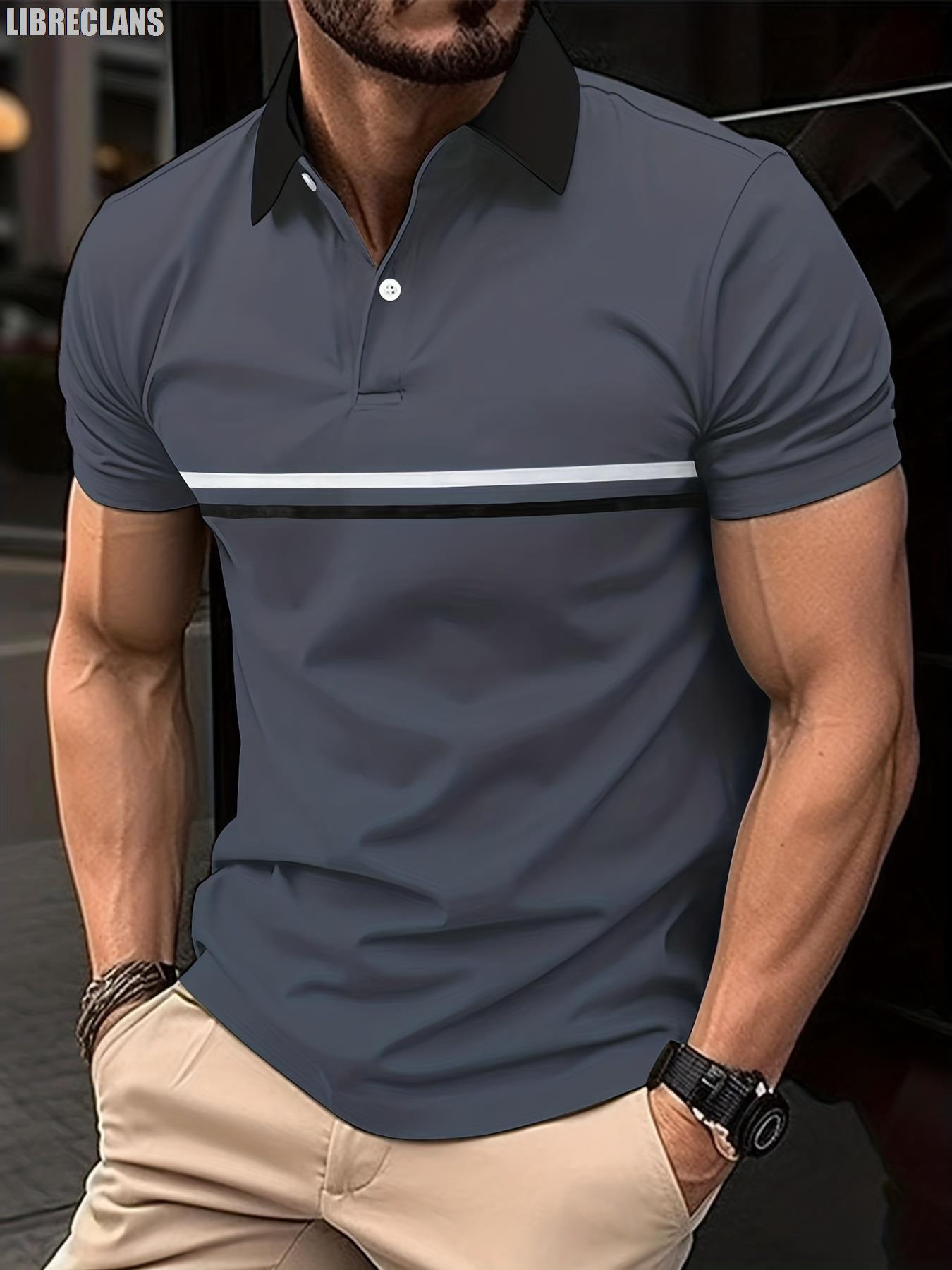 Personaltender men costume adult White Striped Polo Shirt Men Fashion Button Down Lapel Tops 2024 Summer Casual Body-Shaping Streetwear Daily Office Men Clothing