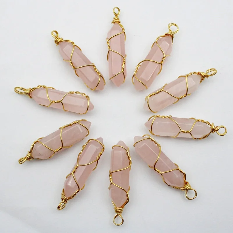 Cifeeo  12Pcs Natural Stone Rose Quartz Stained Glass Pillar Hexagonal Column Pendant Handmade Iron Wire Pendant For Jewelry Making
