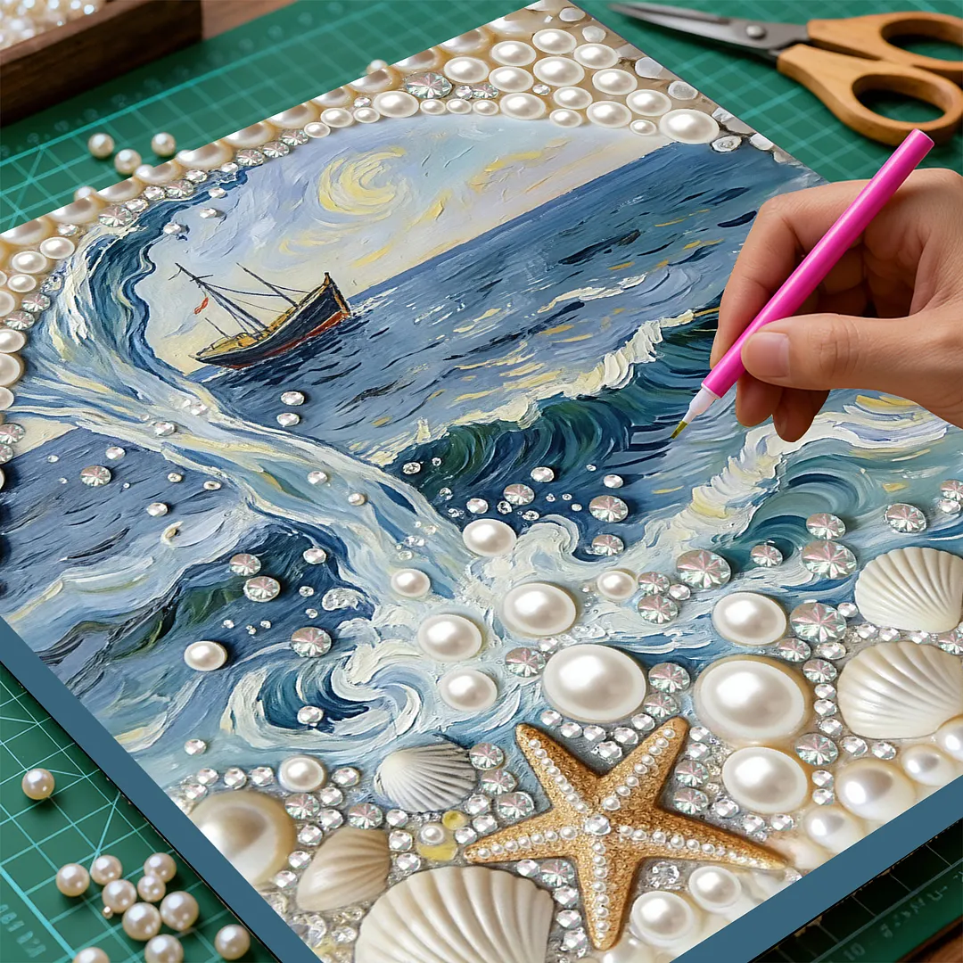 DIY Beach Seashell Starfish Pearl Painting Kit for Adults Beginners Gift Idea Home Wall Decor Pearl Gem Paintings Picture Arts Craft 30x30cm with Frame