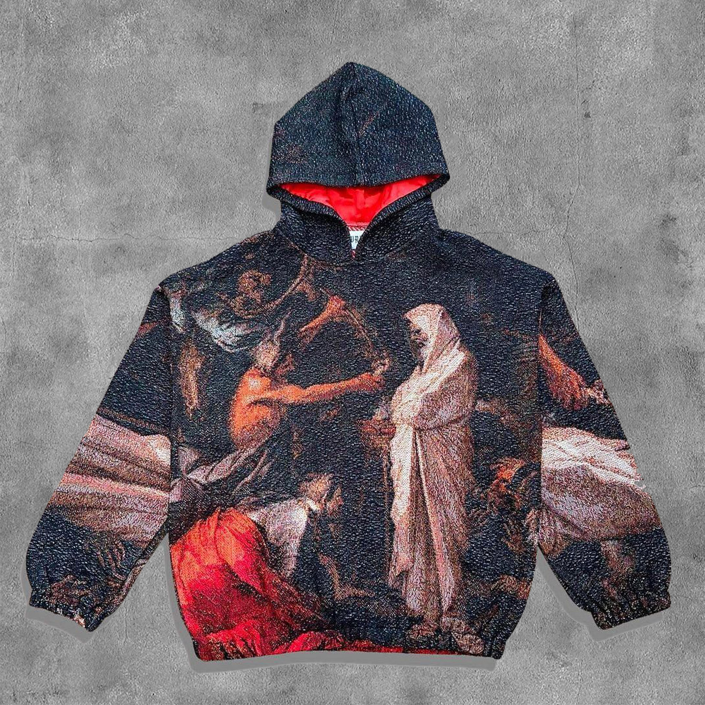 Retro Witch Of Endor Graphic Print Casual Street Tapestry Knit Hooded Sweater