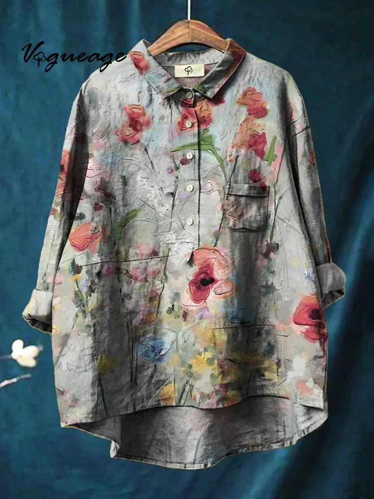 Ink Flowers And Plants Printed Cotton And Linen Shirt