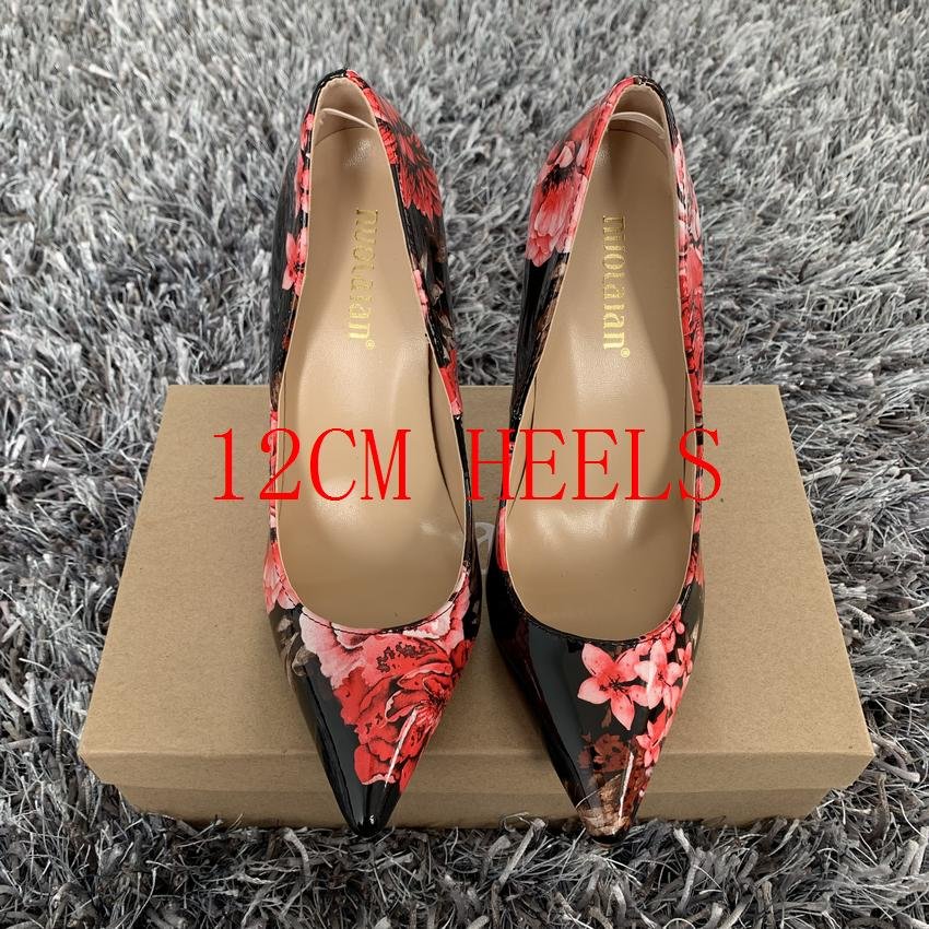 Fashion Women Shoes Stiletto 12cm/10cm/8cm High Heels Women Pumps Floral Print Patent Leather Ladies Party Wedding Woman Shoes